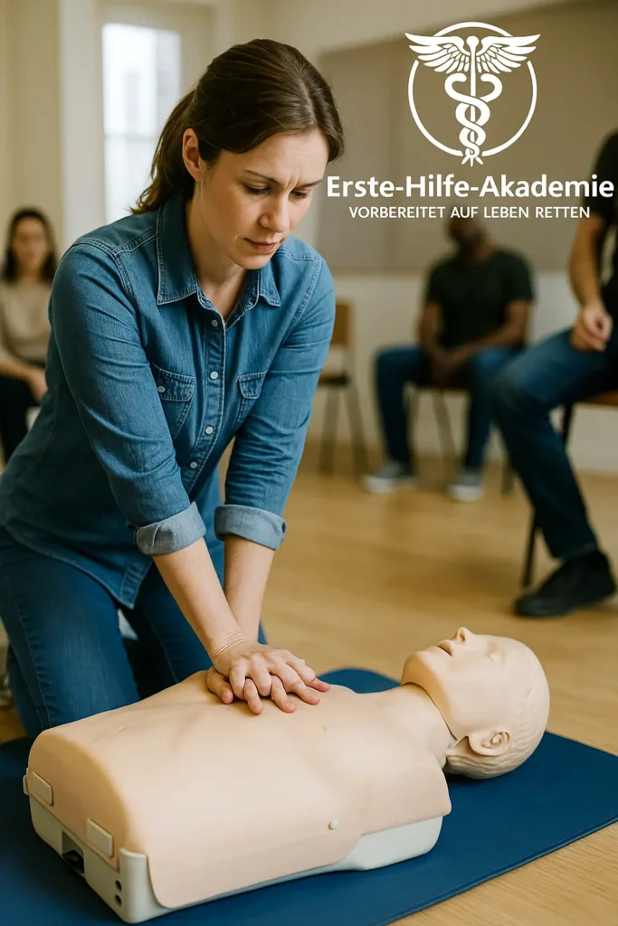 Teilnehmer üben Herz-Lungen-Wiederbelebung während eines Erste-Hilfe-Kurses, Erste-Hilfe-Akademie Logo sichtbar.