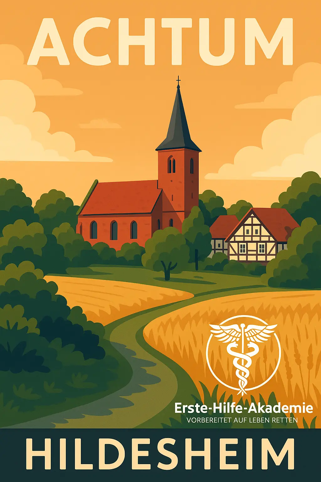 Erste Hilfe Kurs in Hildesheim Achtum. Illustration des Hildesheimer Stadtteils Achtum mit dem Logo der Erste-Hilfe-Akademie unten rechts