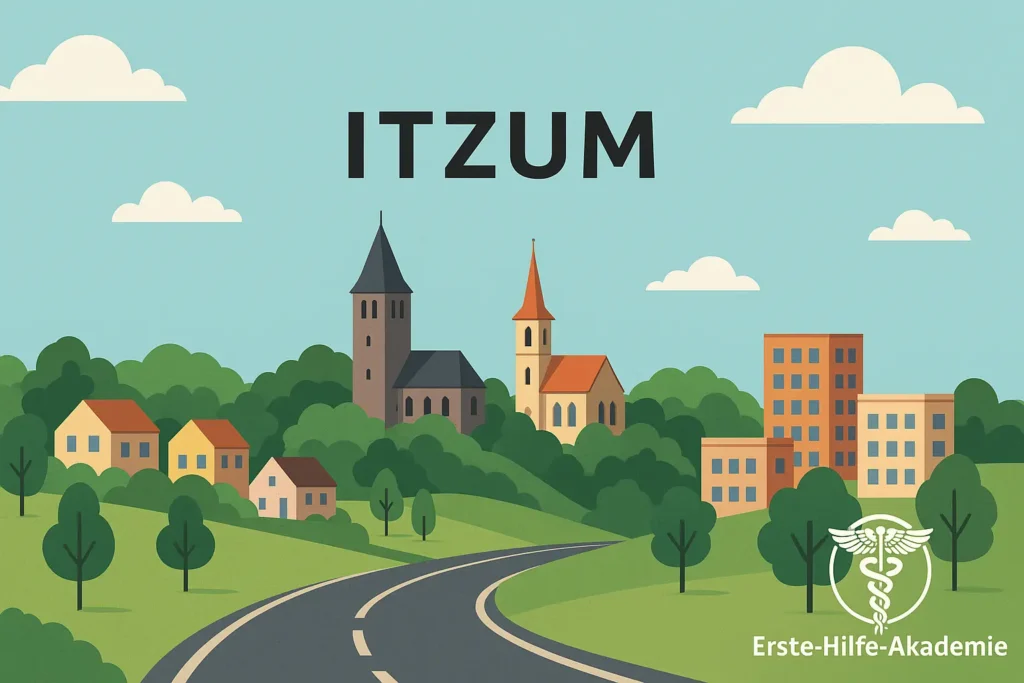 Erste Hilfe Kurs in Hildesheim Itzum. 2D-Illustration des Stadtteils Itzum in Hildesheim mit dem Logo der Erste-Hilfe-Akademie – Symbol für einen professionellen Erste Hilfe Kurs in Hildesheim Itzum.
