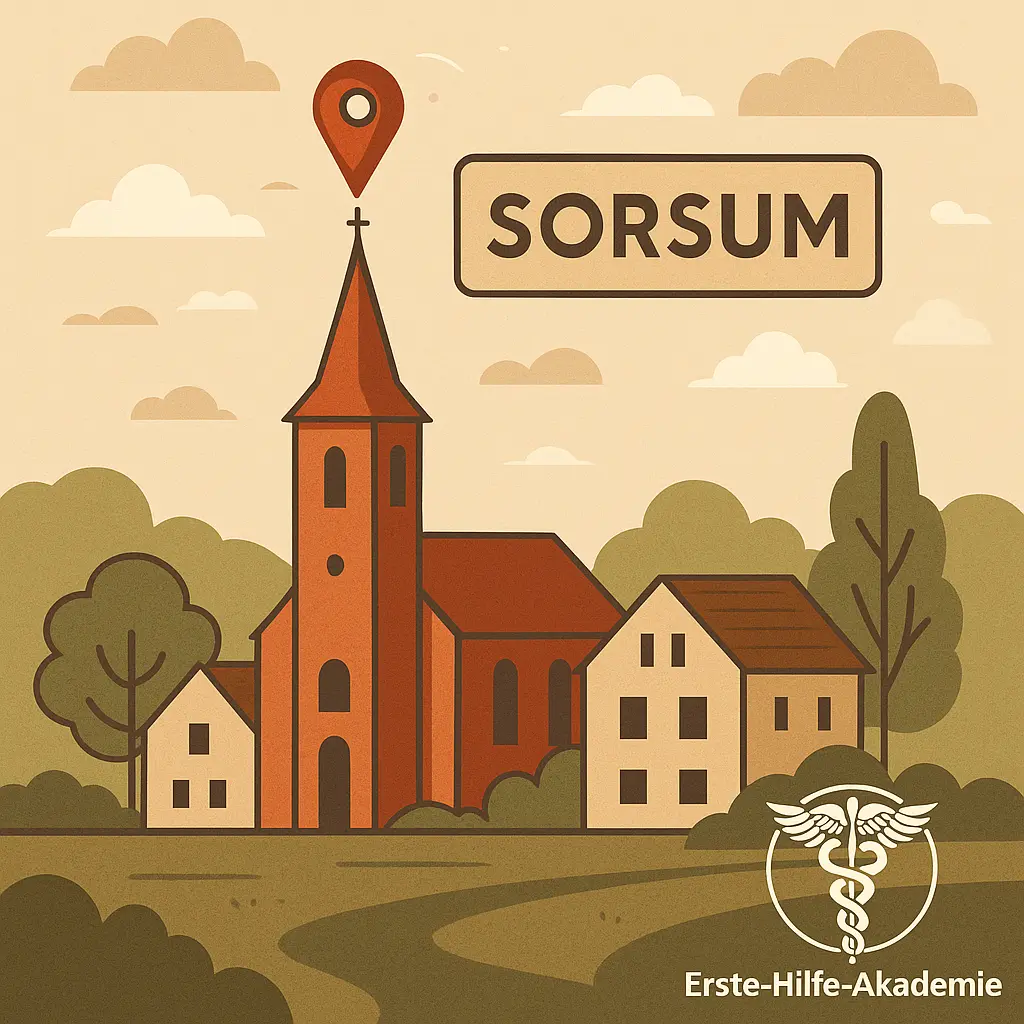 Erste Hilfe Kurs in Hildesheim Sorsum. Illustration des Stadtteils Sorsum in Hildesheim mit Kirche und Landschaft, unten rechts das Logo der Erste-Hilfe-Akademie – Symbolbild für Erste Hilfe Kurs in Hildesheim Sorsum.