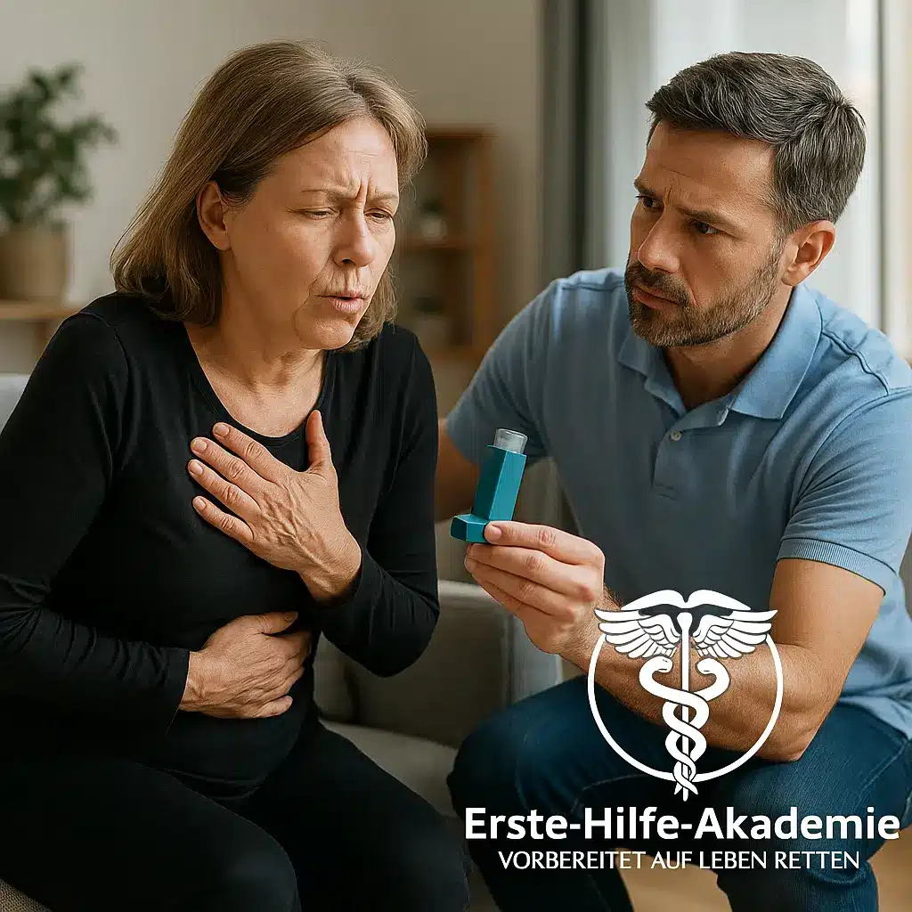 Atemnot bei einer Teilnehmerin beim Erste Hilfe Kurs Hildesheim mit Erste-Hilfe-Akademie Logo im Hintergrund
