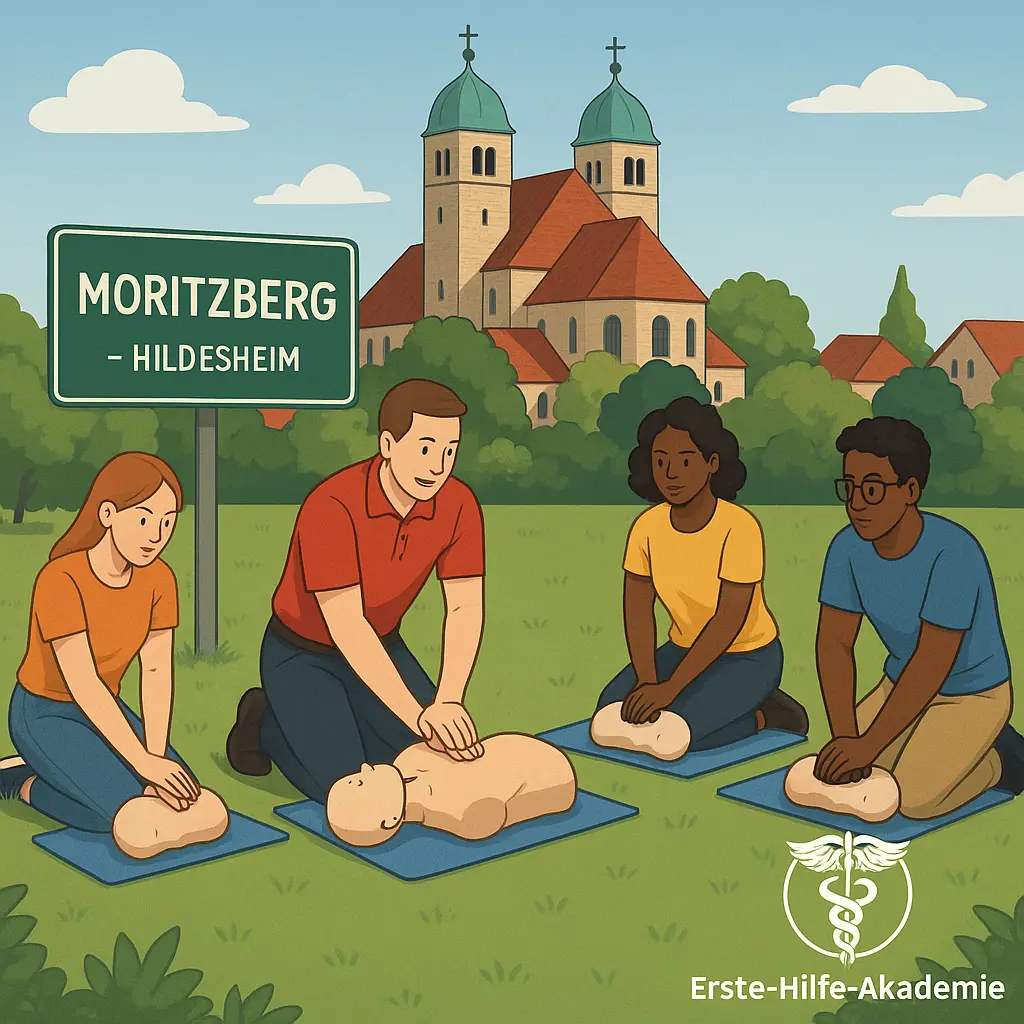 Erste Hilfe Kurs Moritzberg. Digitale Illustration des Hildesheimer Stadtteils Moritzberg mit Fokus auf Erste Hilfe Akademie, Logo unten rechts eingeblendet.