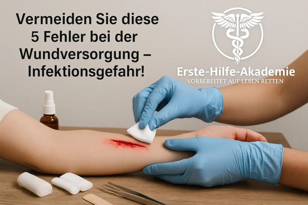 Wundversorgung, realistisches Szenenbild eines Erste-Hilfe-Kurses mit Teilnehmern und Erste-Hilfe-Übungspuppe, inklusive Logo der Erste-Hilfe-Akademie.