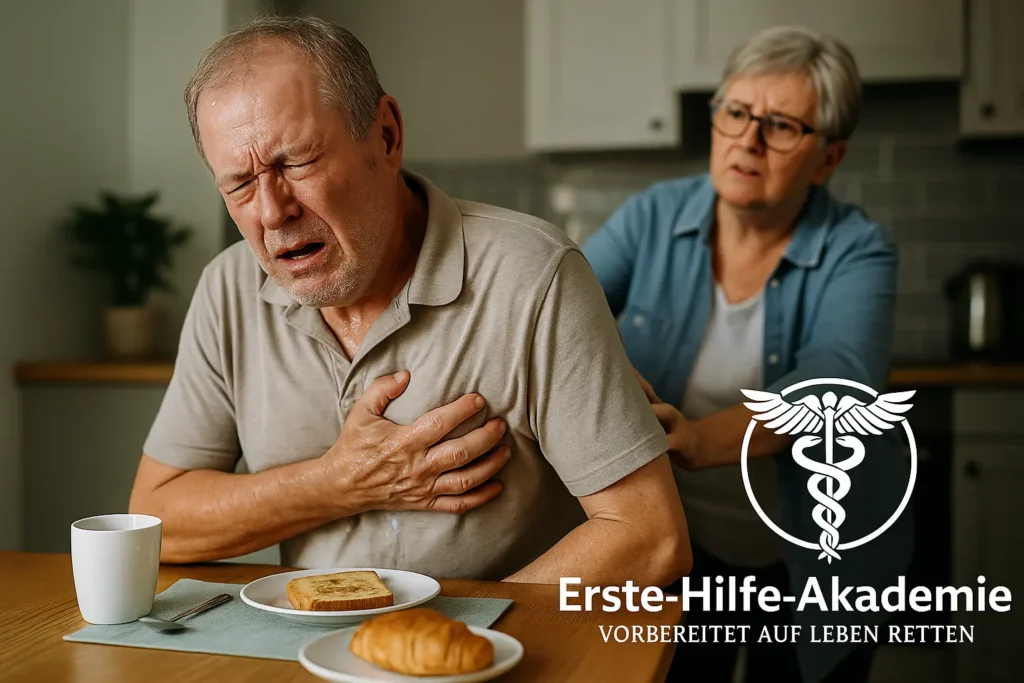 Älterer Mann mit Brustschmerzen bei Verdacht auf Herzinfarkt, Erste Hilfe wird geleistet