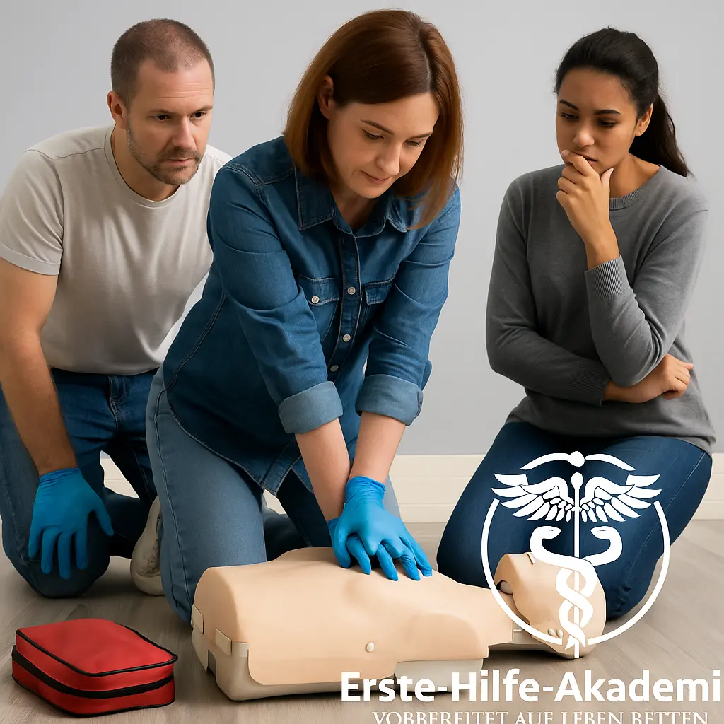 Wundversorgung der drei Teilnehmer üben Wiederbelebung an einer Puppe während eines Erste-Hilfe-Kurses in Hildesheim, mit dem Logo der Erste-Hilfe-Akademie.